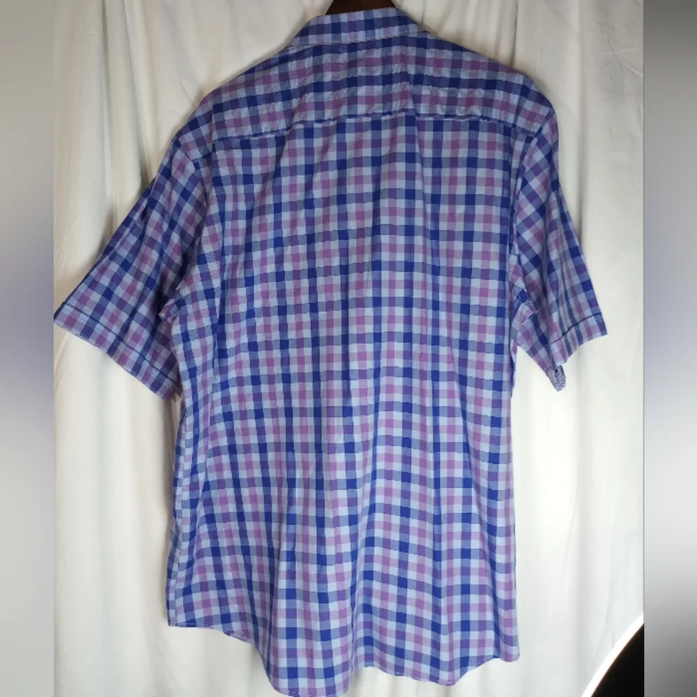 XL EUC Short Sleeve Bugatchi Uomo Purple Blue Plaid Shirt Luxury Preppy Summer - Picture 4 of 5